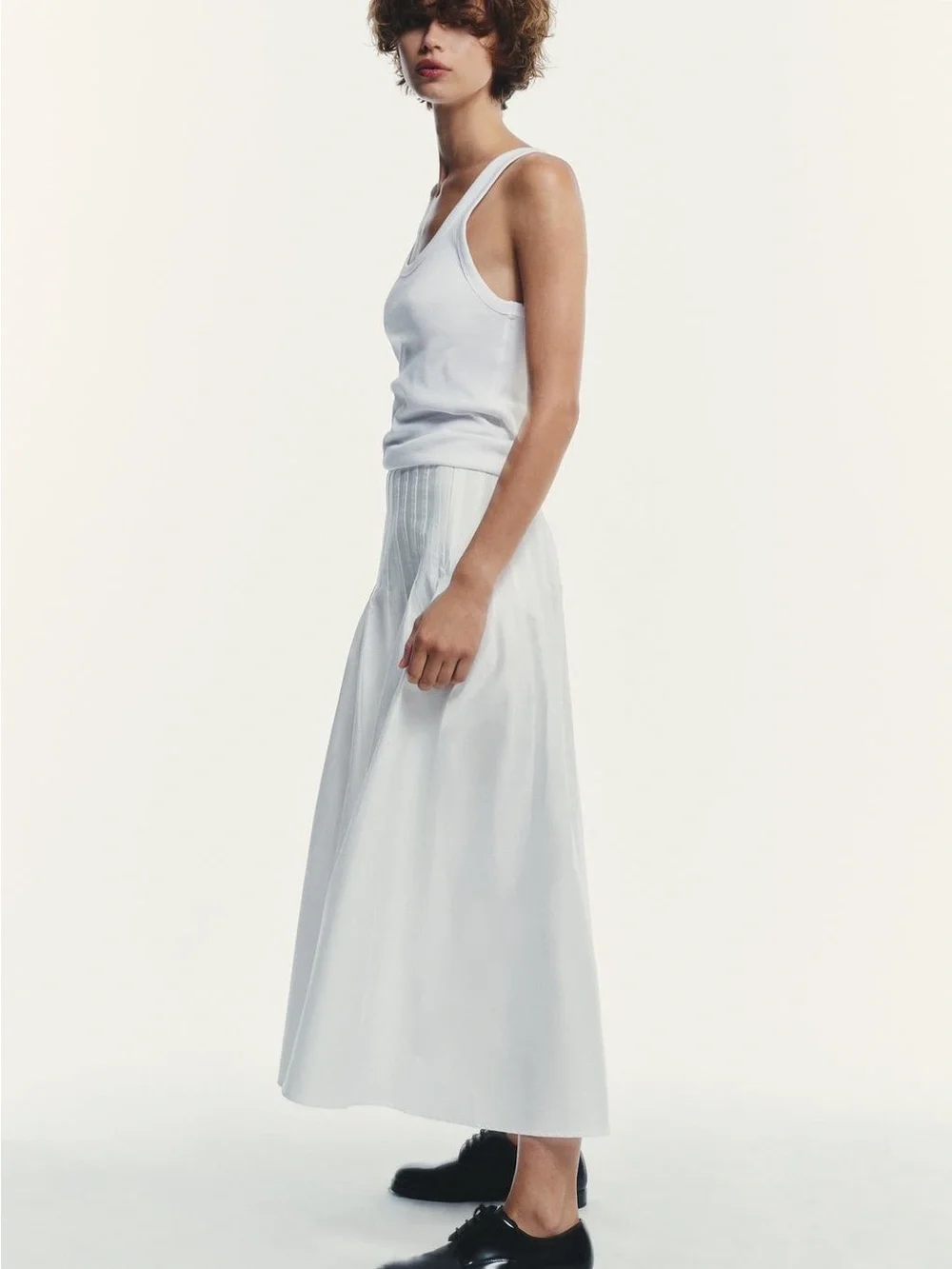 NWT Zara 100% Cotton White Pleated Flowy Midi Skirt Sz M Minimalist Clean July 4